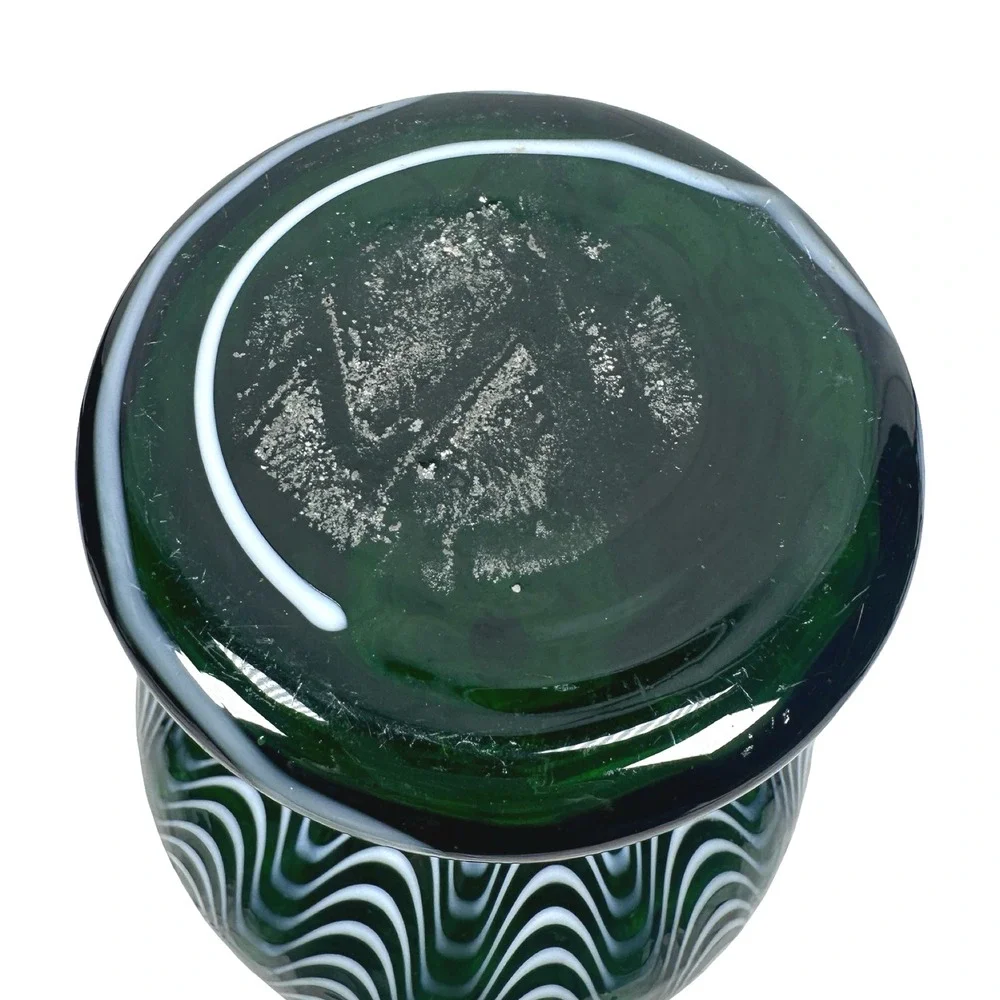 Vintage Murano Pulled Feather Glass Vase MCM 60s Emerald Green White Italian